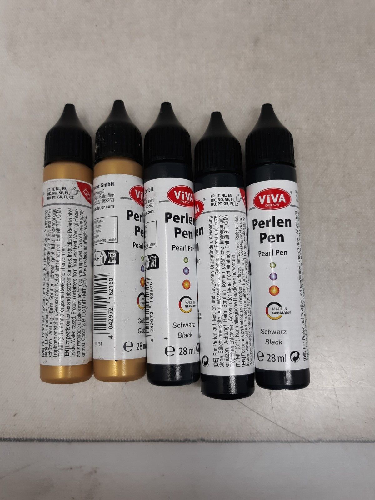 Lot of 5 Assorted Viva Decor Perlen Pen 28ml - Black & Gold