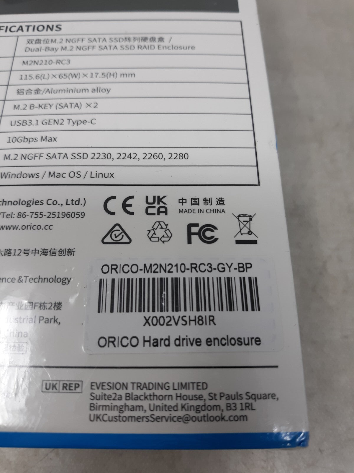 Orico M.2 NGFF SATA SSD Raid Enclosure 2-Bay M2n210-RC3