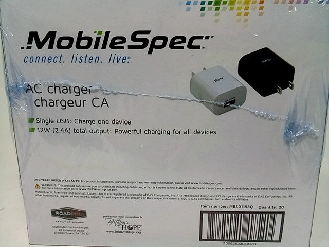 Mobile Spec AC Charger Single USB Power Blocks, CASE OF 20 WALL CHARGERS