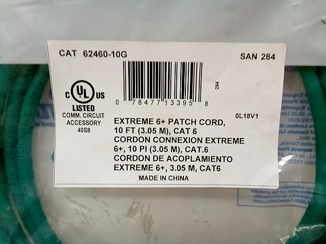 Leviton 62460-10G eXtreme 6+ Standard Patch Cord, CAT 6, 10-Foot Length, Green