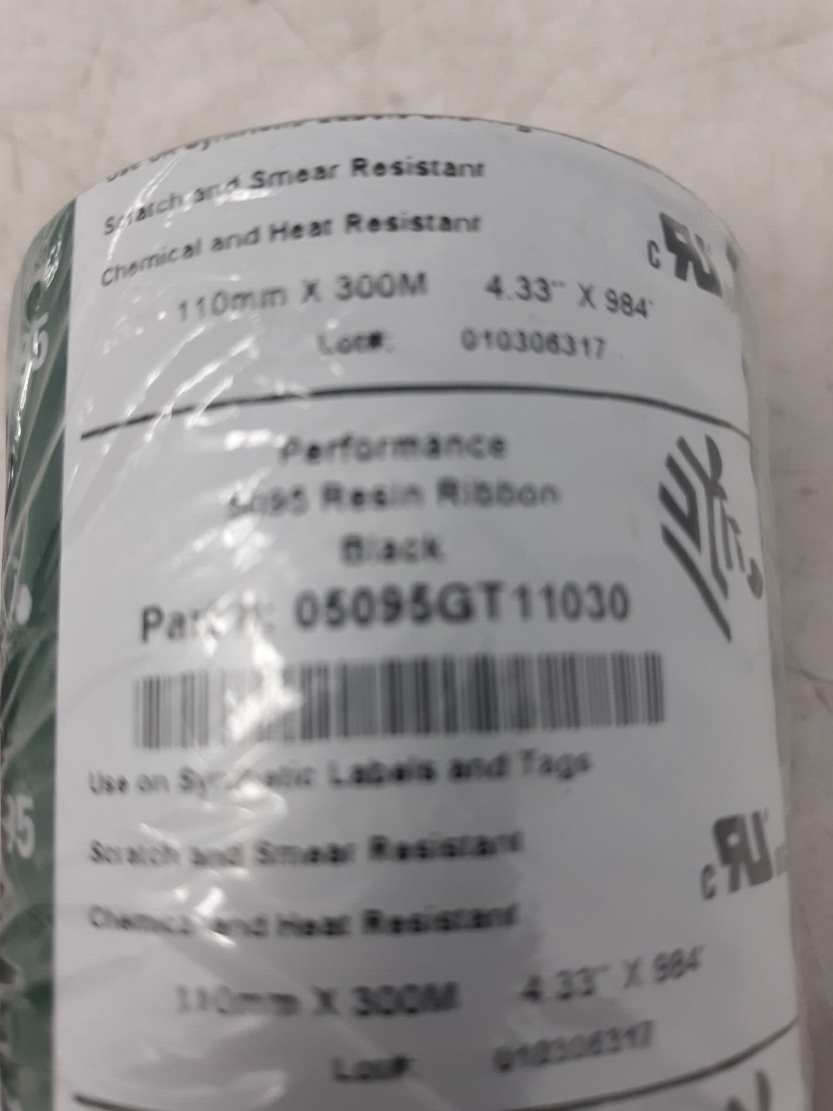 Zebra 5095GT11030 Resin Ribbon 4.33"x984' Chemical Heat Resistant Black