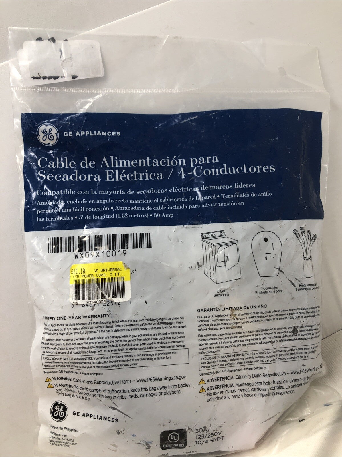 GE Appliances 5’ Universal Dryer Power Cord / 4 Wire WX09X10019
