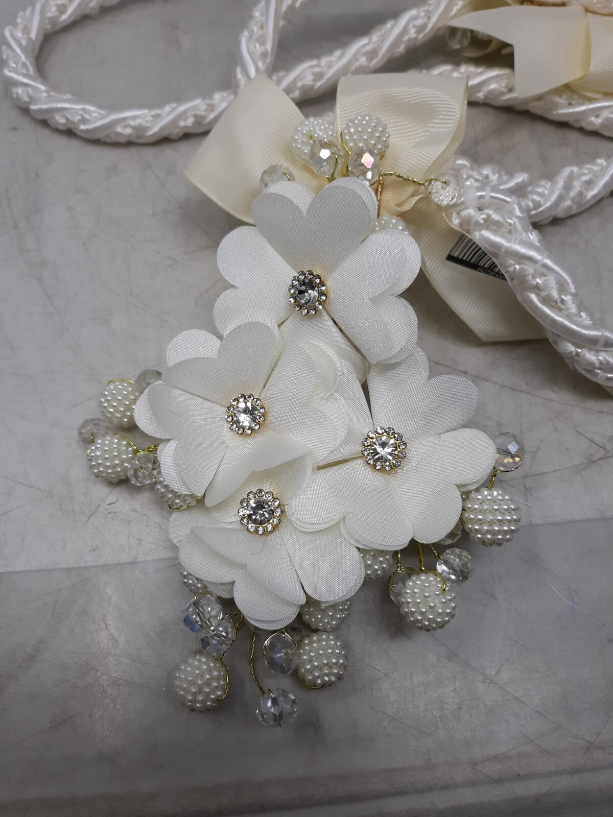 White Satin Floral Wedding Garland with Pearls & Rhinestones - Bridal Décor