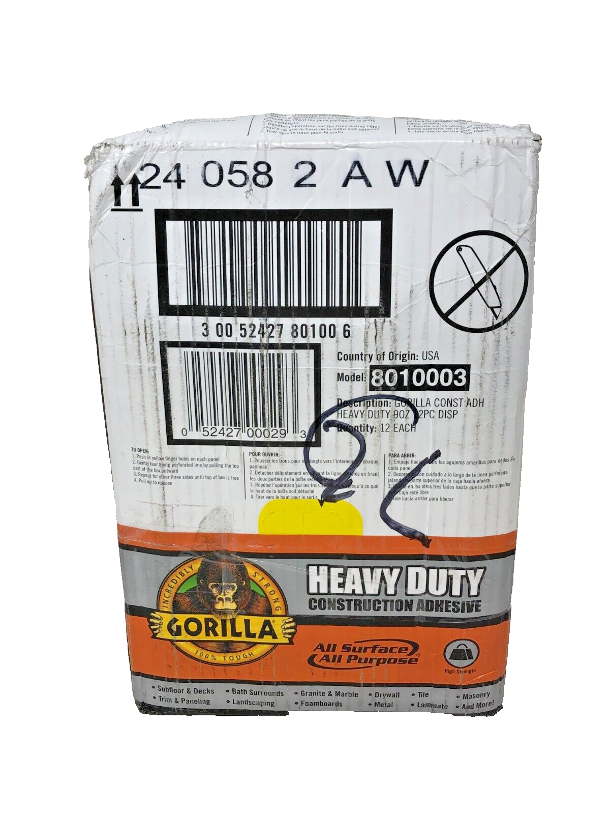 (12)-Gorilla 9 Oz. All Surface Construction Adhesive 8010003 12pk