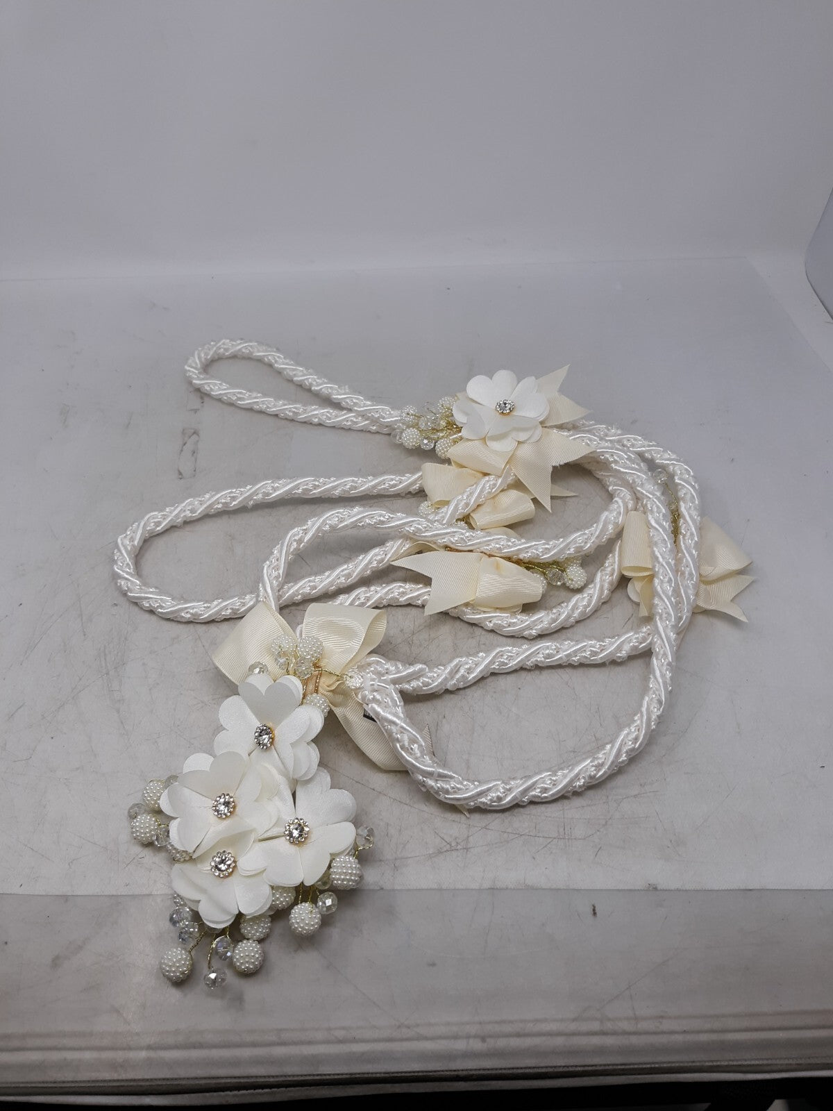 White Satin Floral Wedding Garland with Pearls & Rhinestones - Bridal Décor