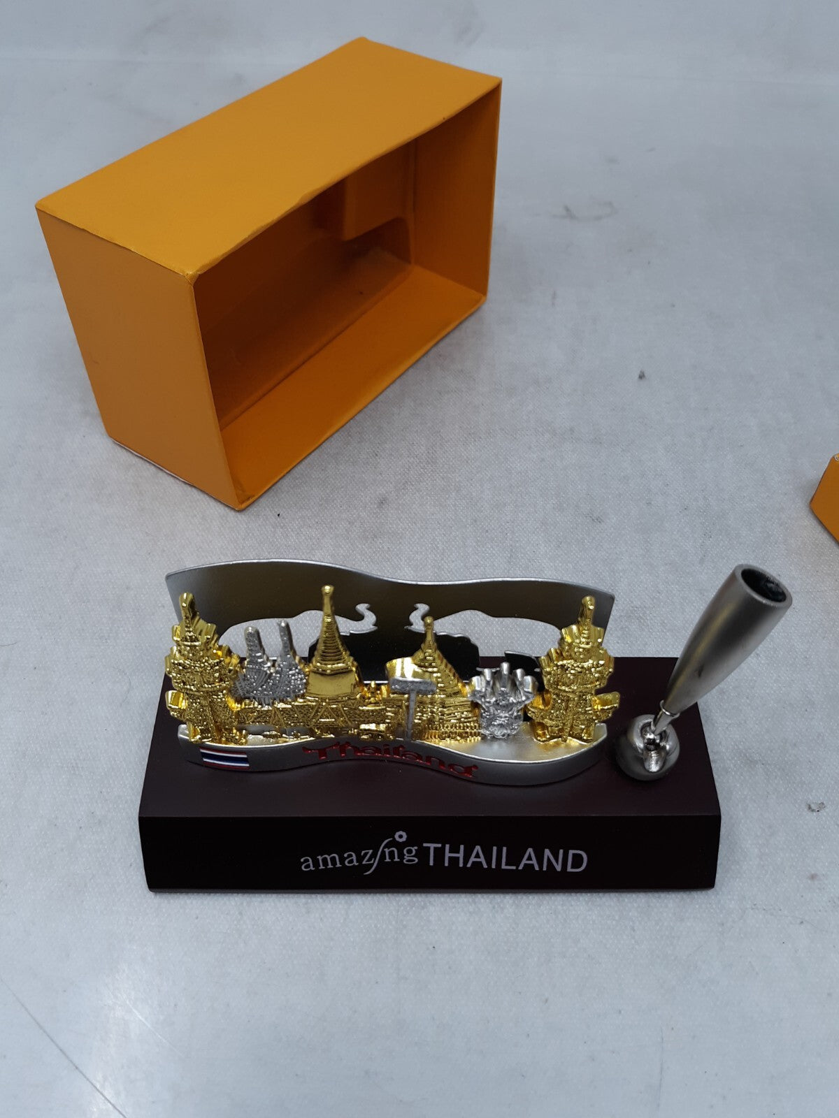 Gold Silver Tone Metal Desktop Business Card Holder THAILAND Cityscape Souvenir