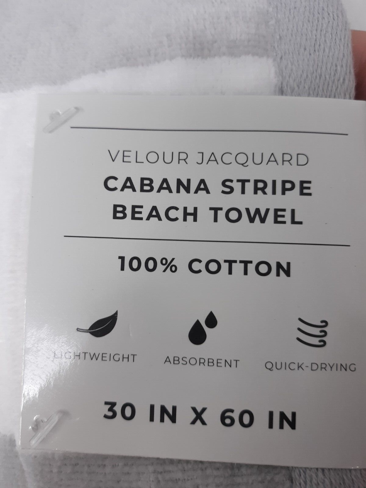 Velour Cabana Stripe Beach Towel 30x60 Light Grey 100% Cotton OEKO-TEX