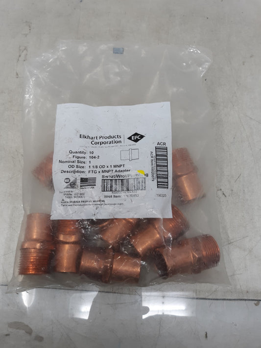 (10) Elkhart 104 Copper 1 1/2” Male Adapter Thread to Solder O.D Size 1 5/8” Lot