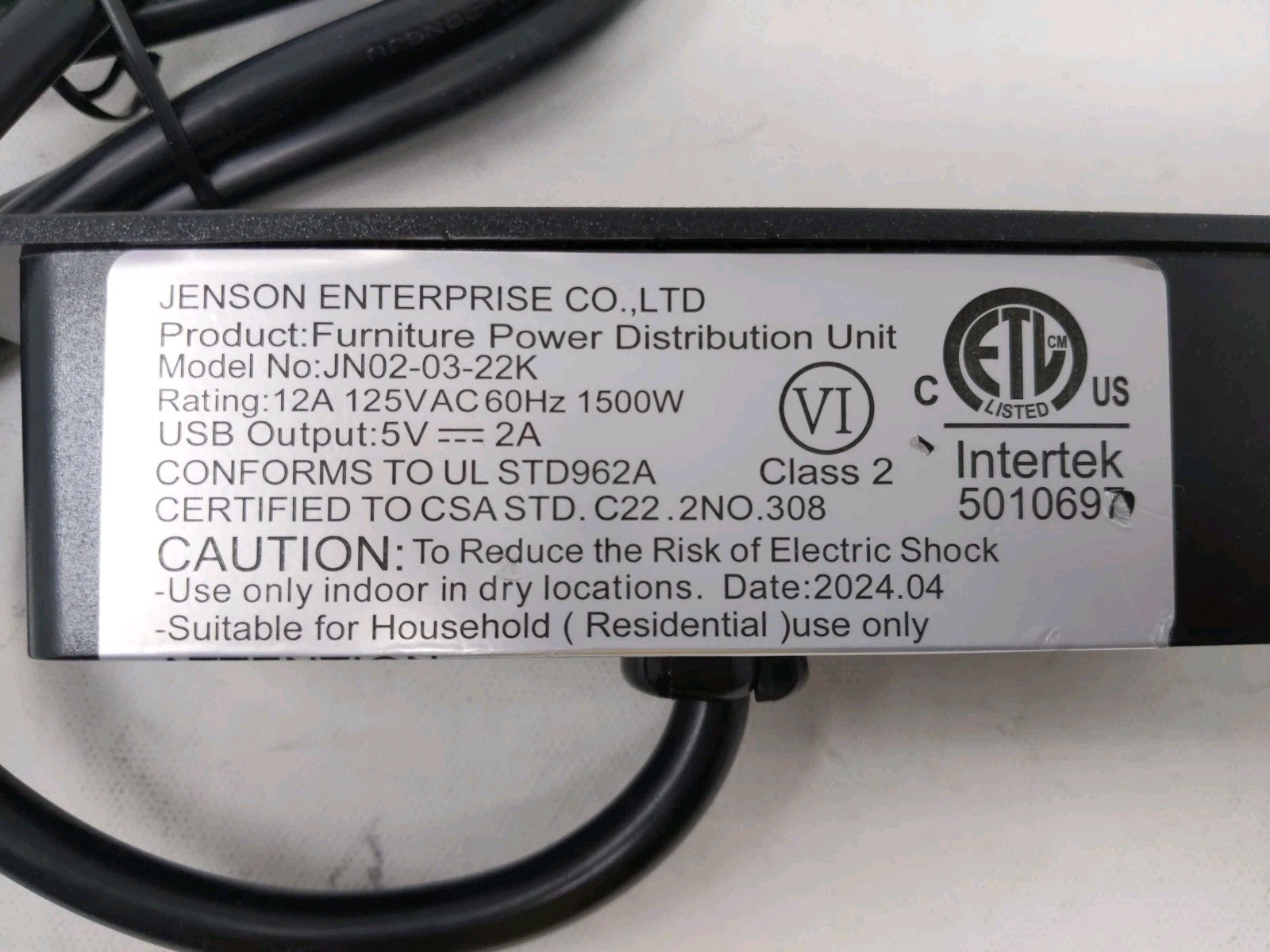 Jenson Furniture Power Distribution Unit JN02-03-22K Black 2 Outlet, 2  USB