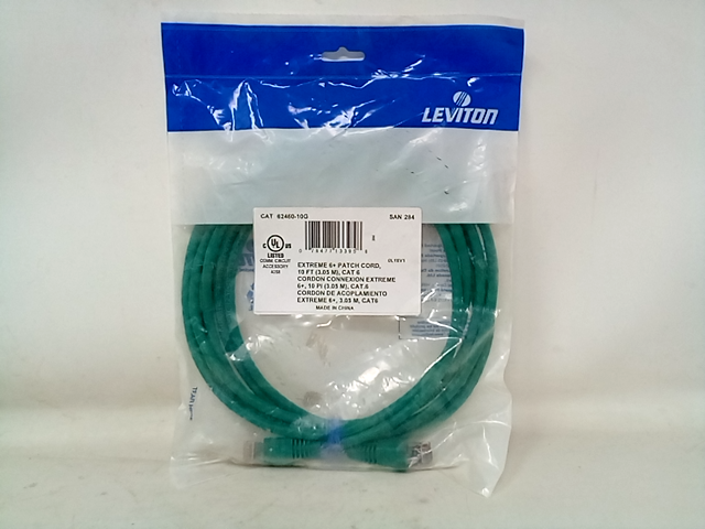 Leviton 62460-10G eXtreme 6+ Standard Patch Cord, CAT 6, 10-Foot Length, Green