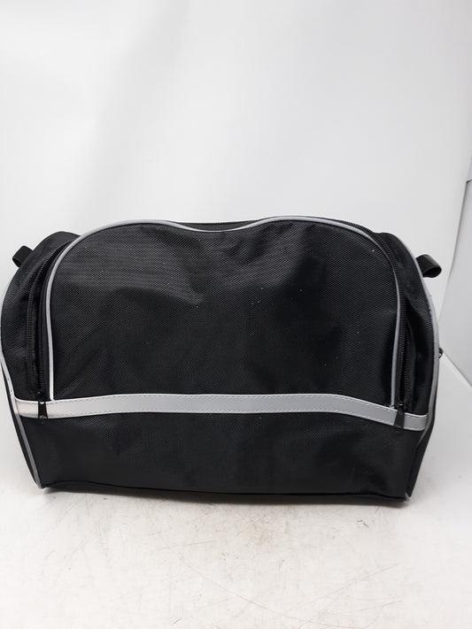 black travel bag with a zippered main compartment and mesh interior