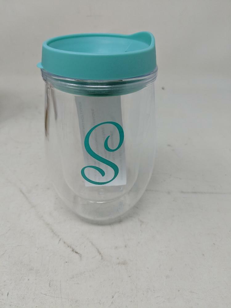 Teal Monogram Letter Stemless Wine Glass with Insulated Lid - S