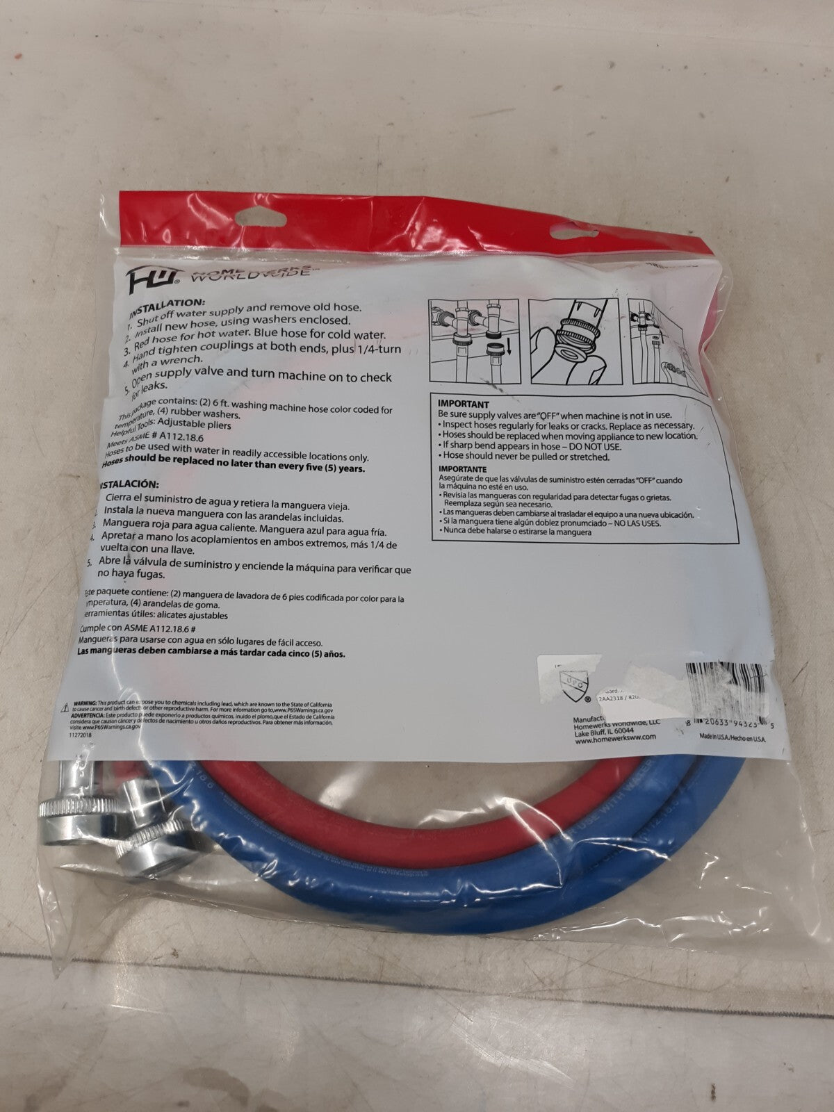 2 Pack Homewerks HRBFIL13B Rubber Washing Machine Fill Hose 3/4" x 6'