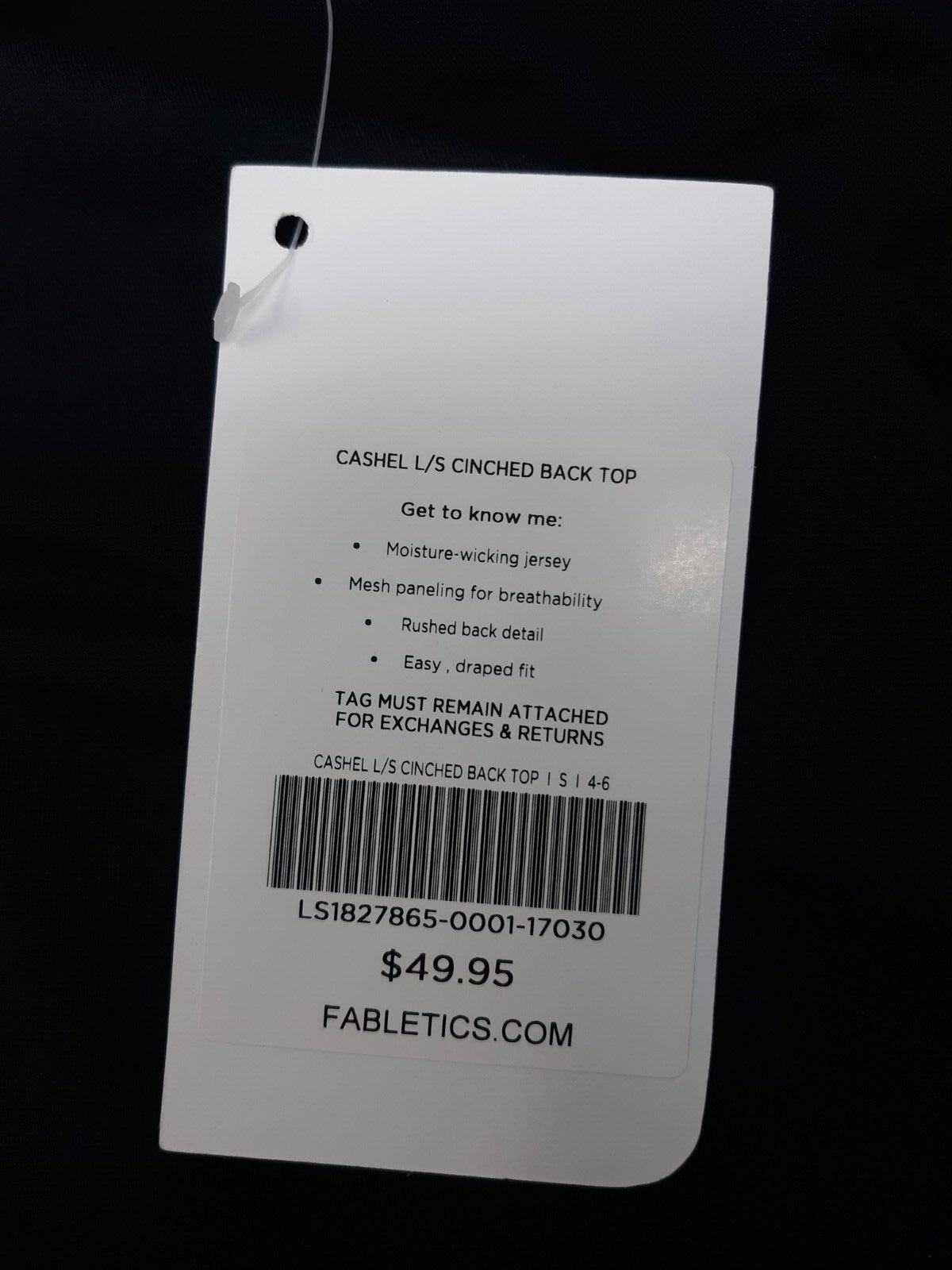 Fabletics Cashel Long Sleeved Cinched Back Mesh Top Black Women Size 4-6