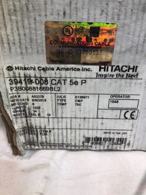 HITACHI CABLE 39419-8-BL2 CAT5e PLENUM BLUE 1000 FT