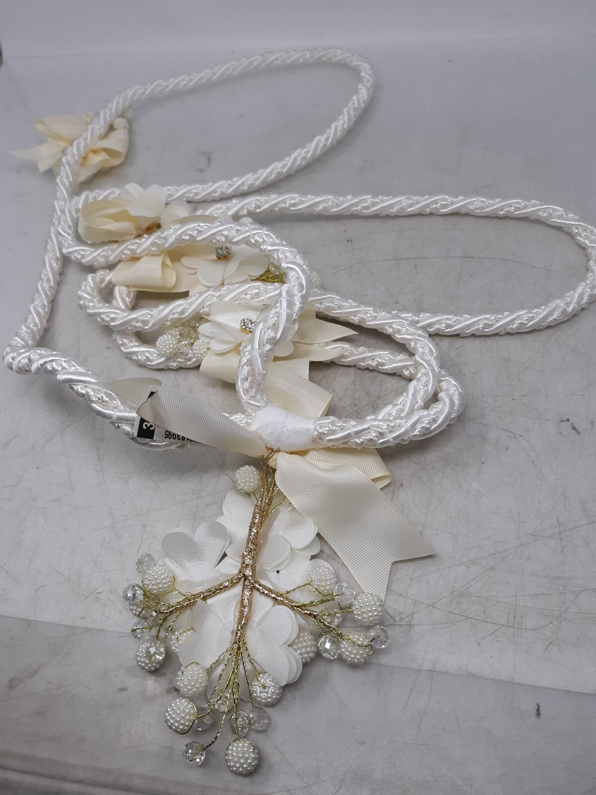 White Satin Floral Wedding Garland with Pearls & Rhinestones - Bridal Décor