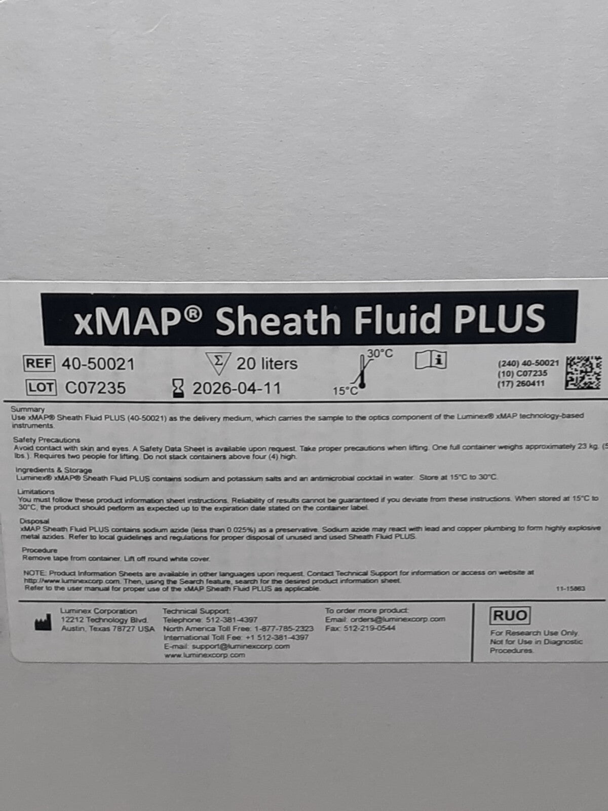 xMAP Sheath Fluid PLUS 20L / 5 GAL Reagent – REF 40-50021 – Exp 2026-04-11