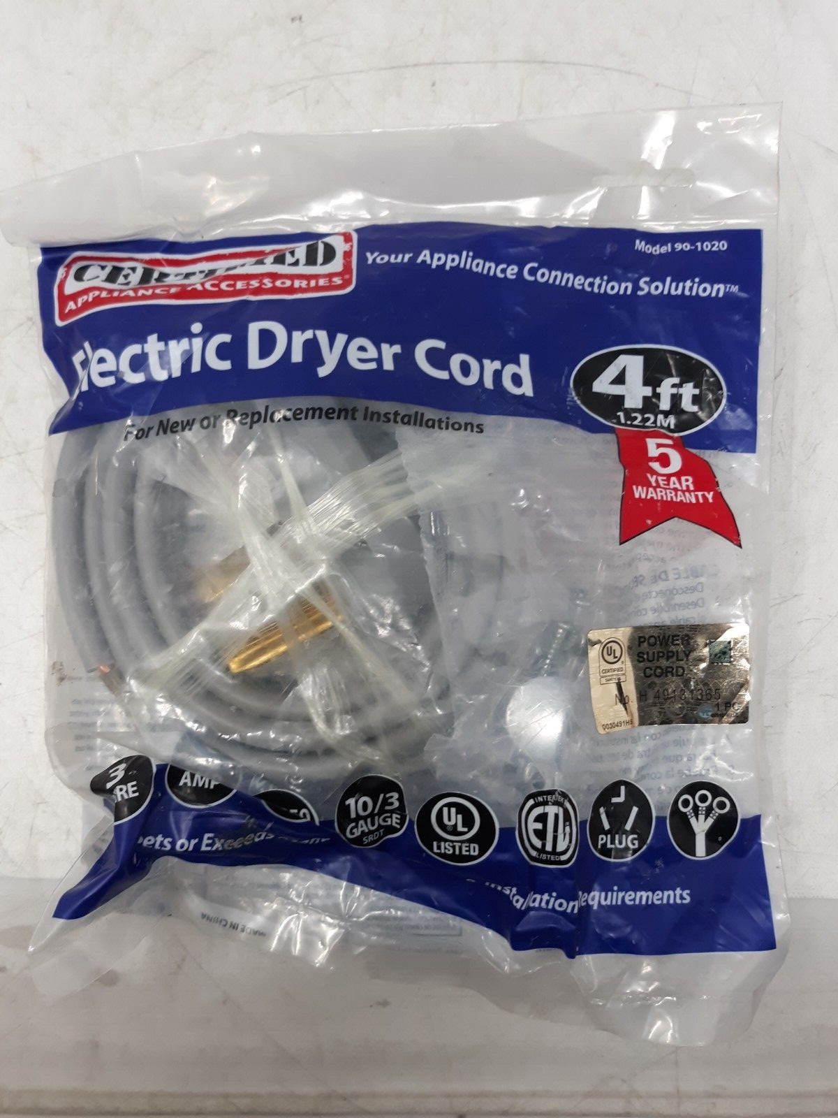 Certified Appliance Accessories 4ft Electric Dryer Cord 10/3 Gauge 30A 3-Prong