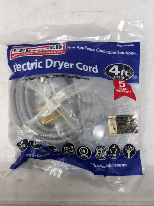 Certified Appliance Accessories 4ft Electric Dryer Cord 10/3 Gauge 30A 3-Prong