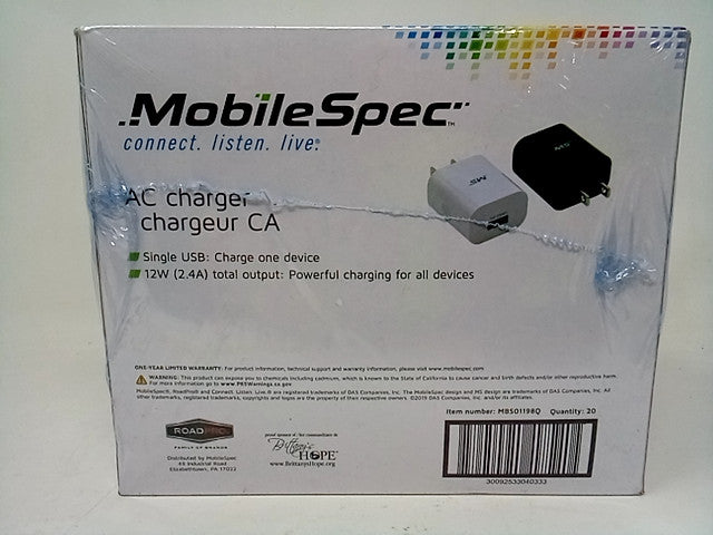 Mobile Spec AC Charger Single USB Power Blocks, CASE OF 20 WALL CHARGERS