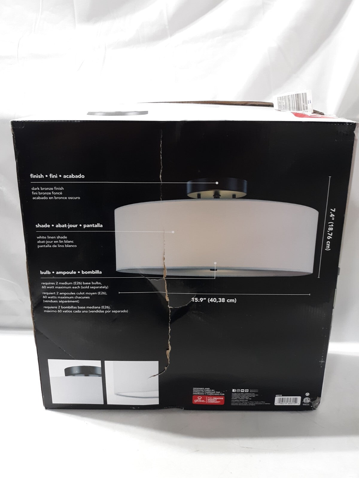 Globe Electric Ceiling Light 15.9" Flush Mount White Linen Shade Dark Bronze