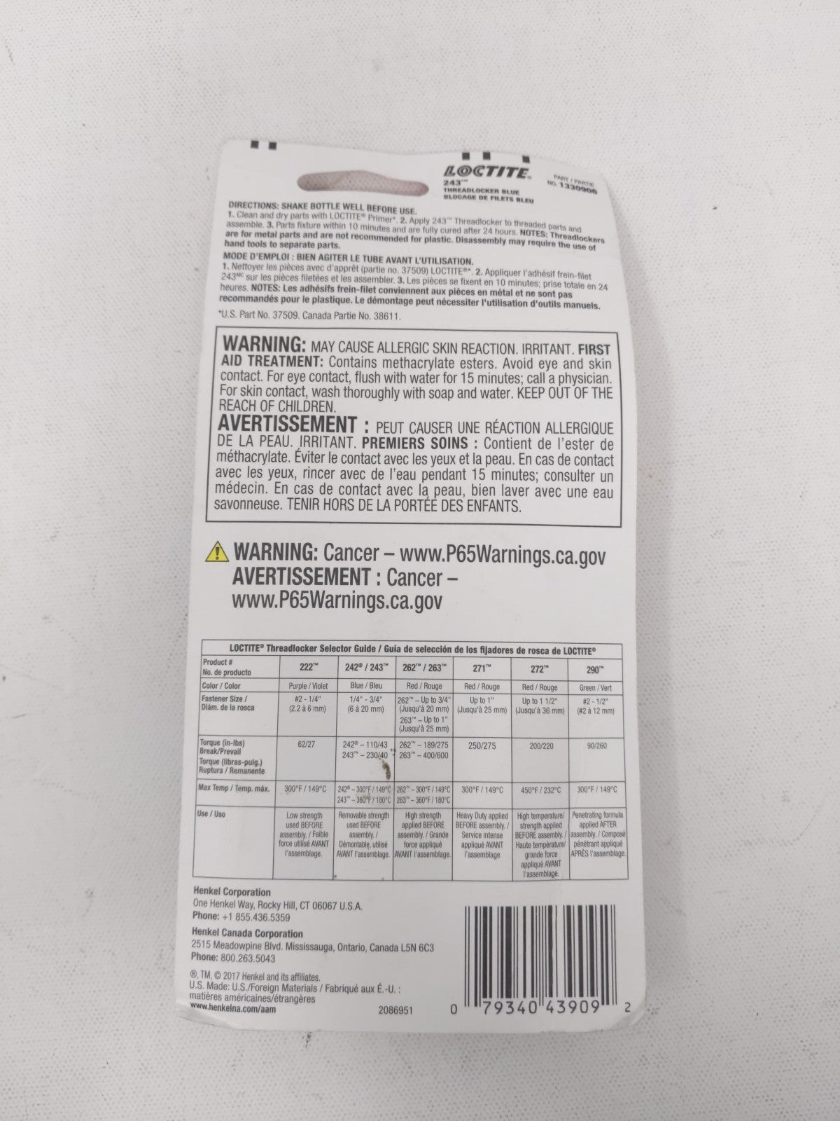 Loctite Threadlocker 243 Surface Insensitive Medium Strength Blue Treatment 1.22