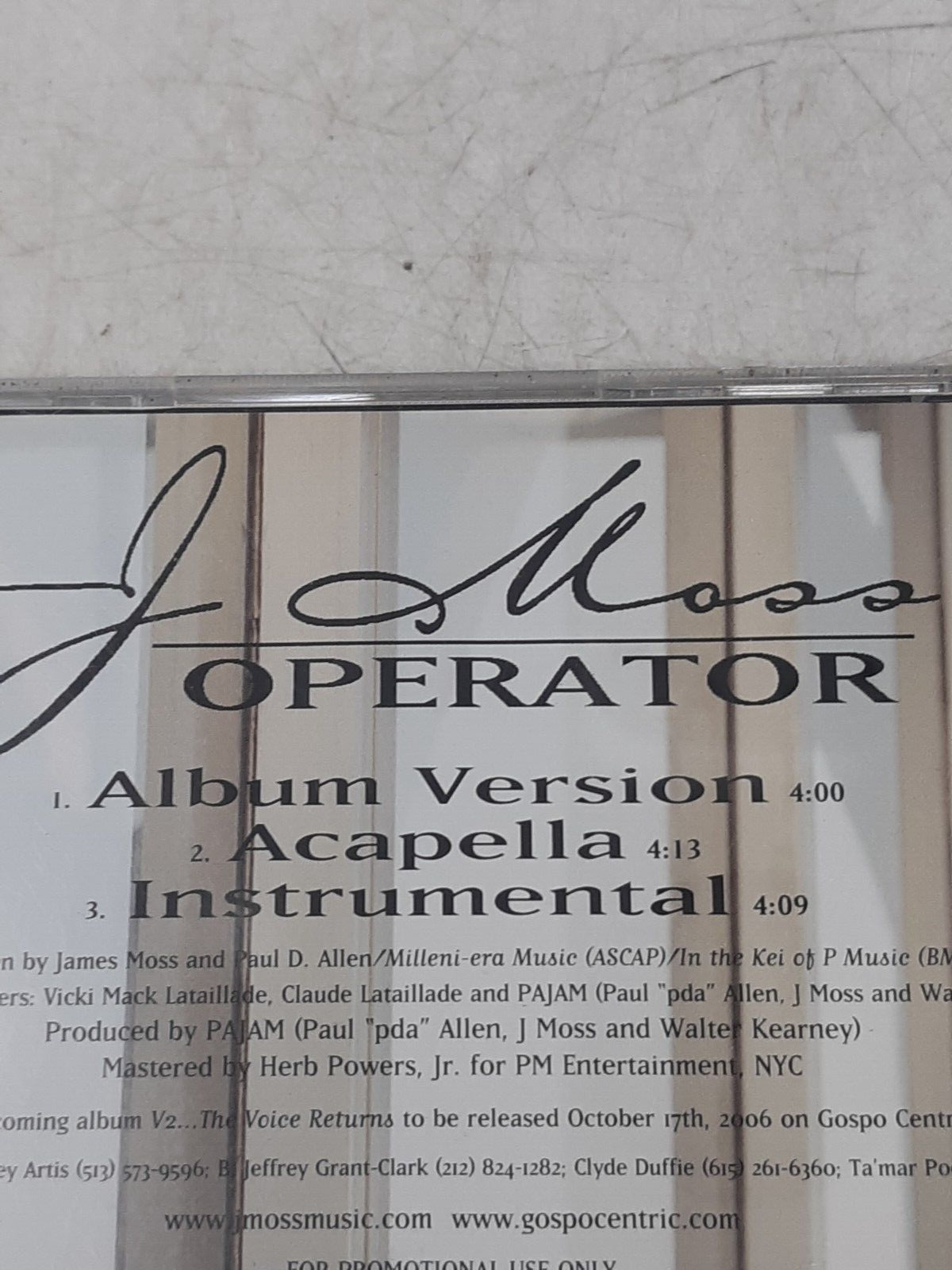J Moss – Operator (CD Single, 2006) Promo Release PAJAM Zomba Gospel