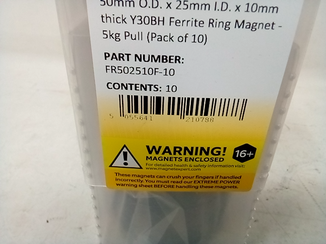 Magnet Expert, FR502510F-10, 50mm O.D. x 25mm I.D. x 10mm Thick Magnets, QTY 10