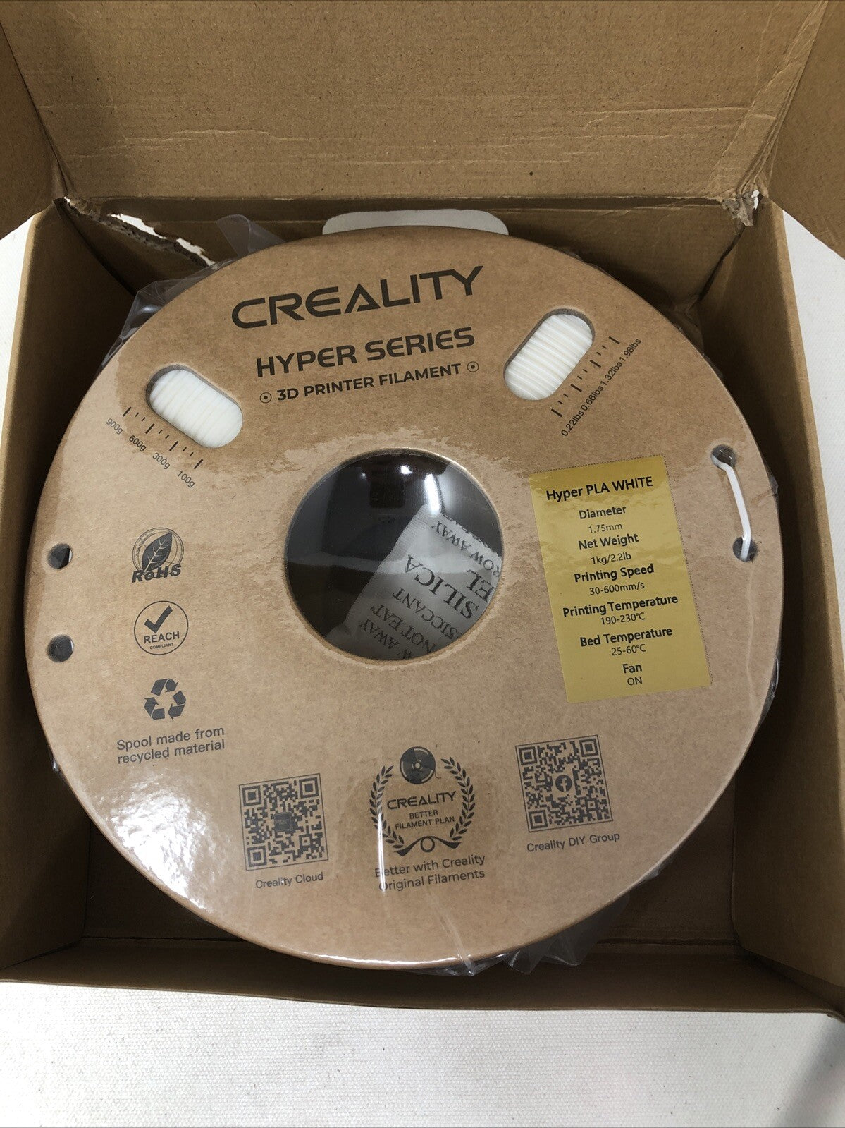 Creality White Filament 1.75mm Hyper PLA High Speed 30-600mm 3D Printer Filament
