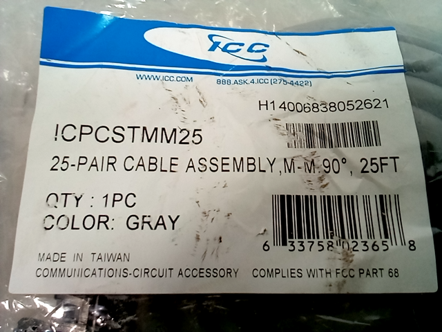 25-pair Cable Assembly M-m 90 degree ICC Female to Male 25 Ft. ICPCSTMM25
