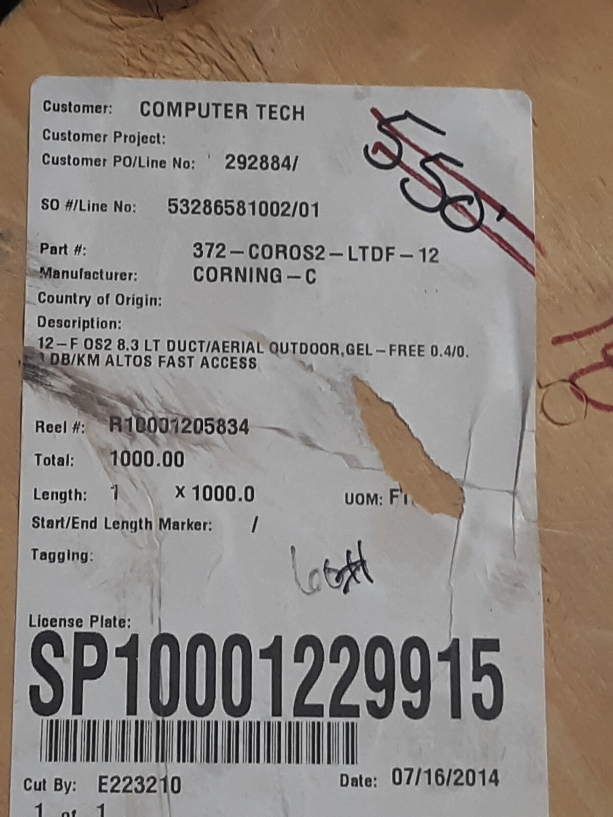 Corning 12-Fiber OS2 LT Duct Aerial Outdoor Fiber Optic Cable Reel 180ft