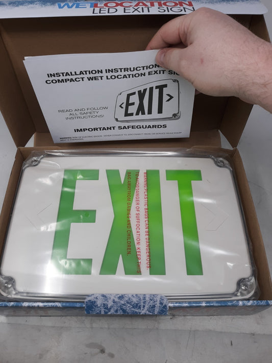Wet Location LED Exit Sign Green Letters Single Face Battery Backup White Housin