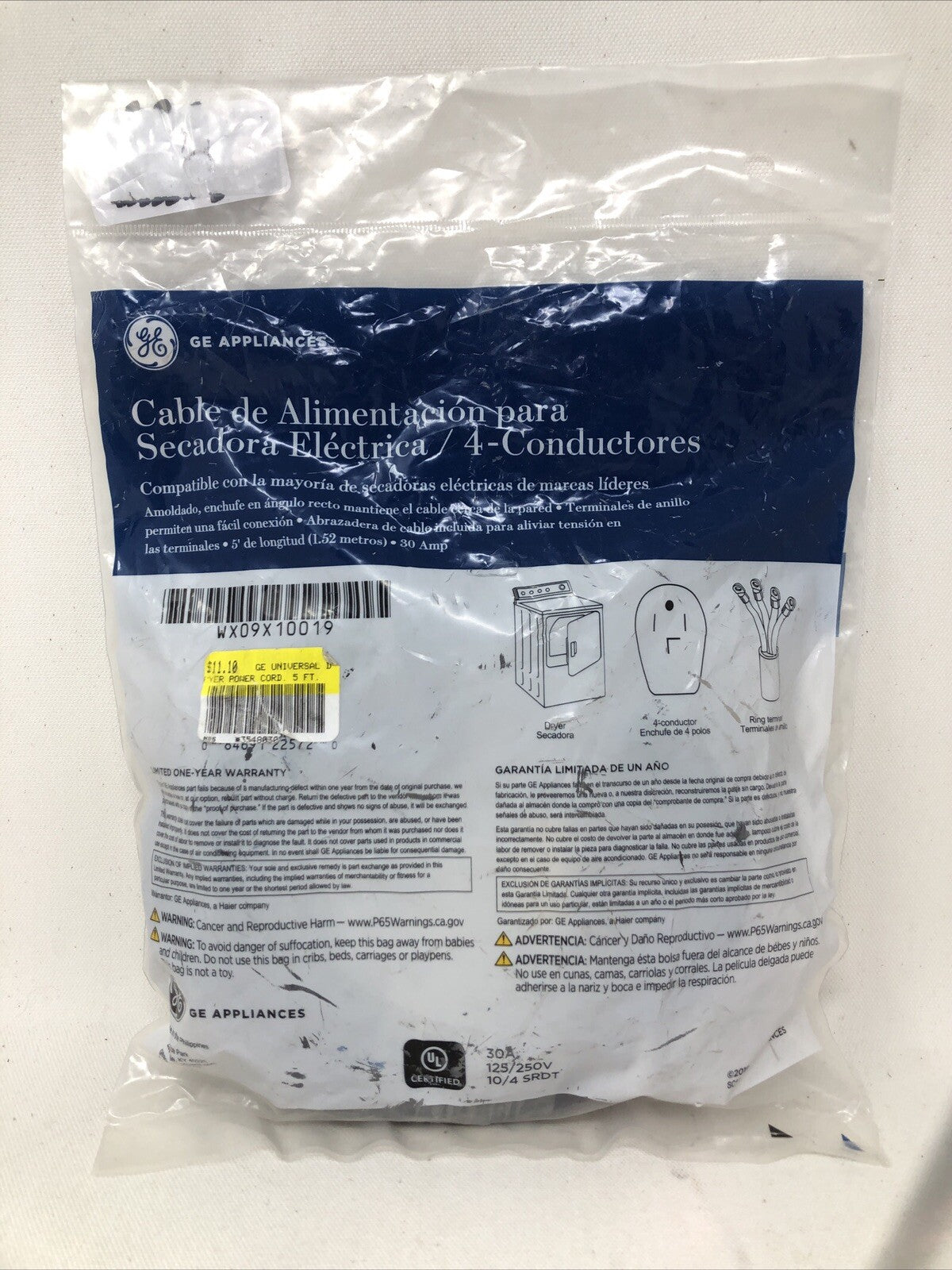 GE Appliances 5’ Universal Dryer Power Cord / 4 Wire WX09X10019