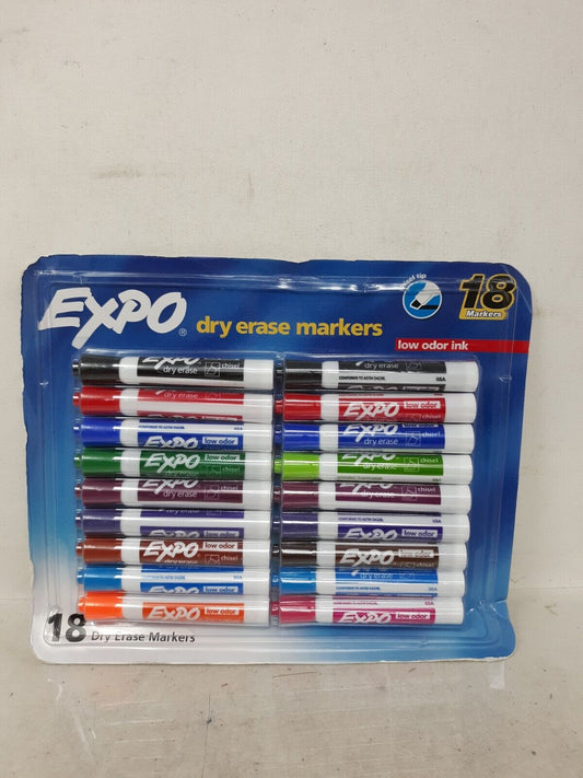 Expo Dry Erase Markers, Chisel Tip, Assorted Colors, Low Odor, Pack of 18