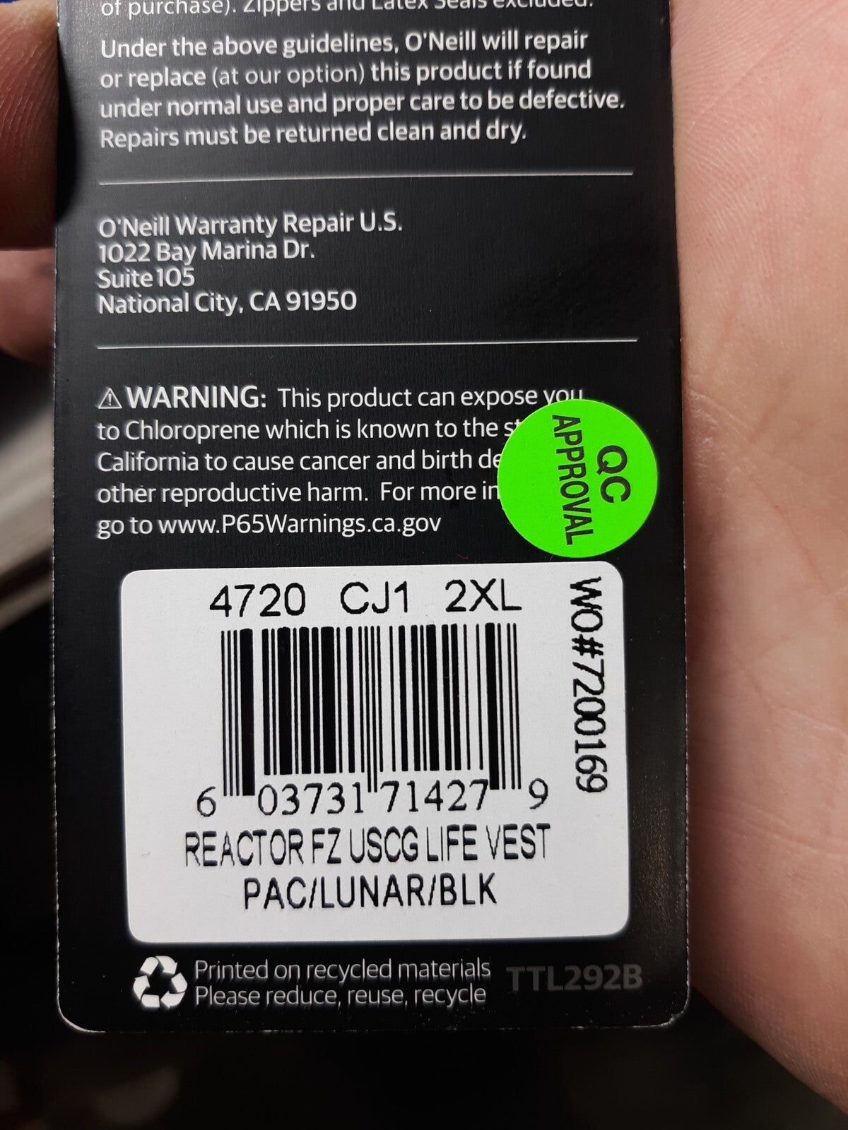 O'Neill Wetsuits Men's Reactor USCG Life Vest, 4720 Pacific/Lunar/Black, 2XL