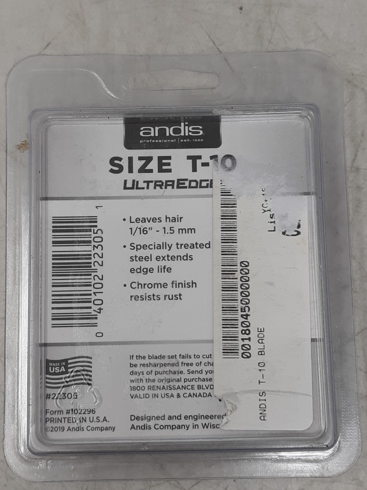 Andis UltraEdge T-10 Detachable Blade 1.5mm Size T10 Chrome Finish USA #22305