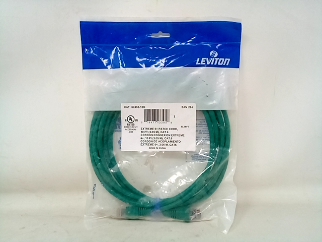 Leviton 62460-10G eXtreme 6+ Standard Patch Cord, CAT 6, 10-Foot Length, Green