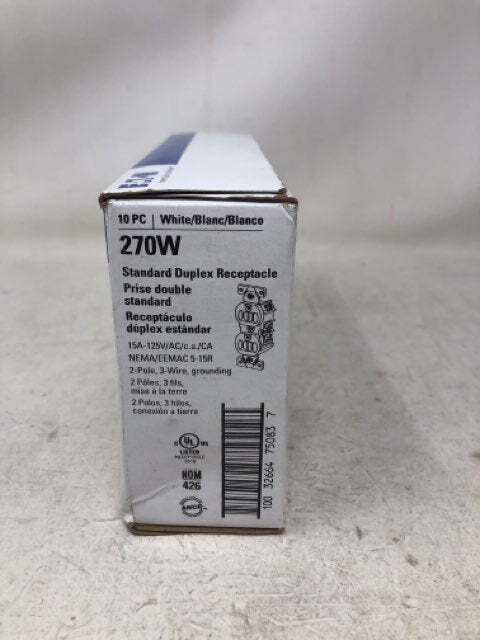 Eaton Standard Duplex Receptacle 270W, 15 A, 2-Pole, 5-15R, White 10 Counts