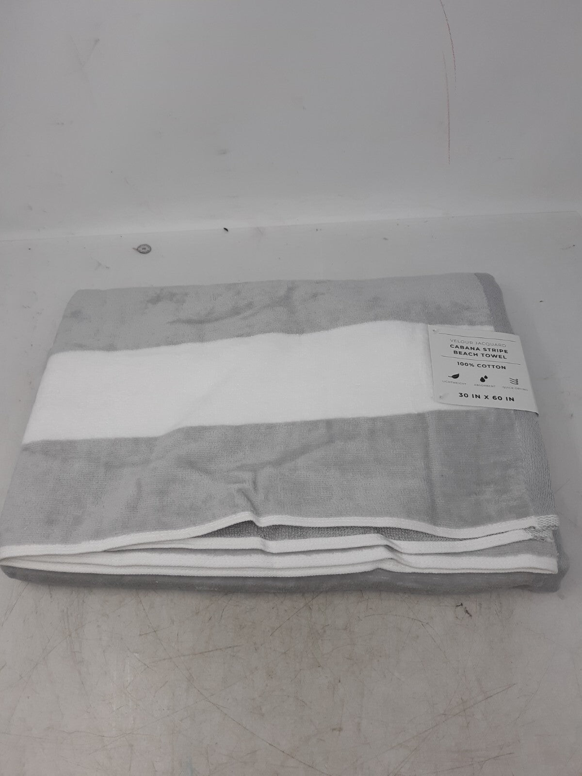 Velour Cabana Stripe Beach Towel 30x60 Light Grey 100% Cotton OEKO-TEX