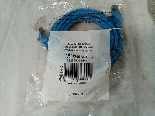 Belkin  BLKA3L98010BLUS  RJ45 High-Performance CAT 6 Patch Cable - 10'  1 Each  