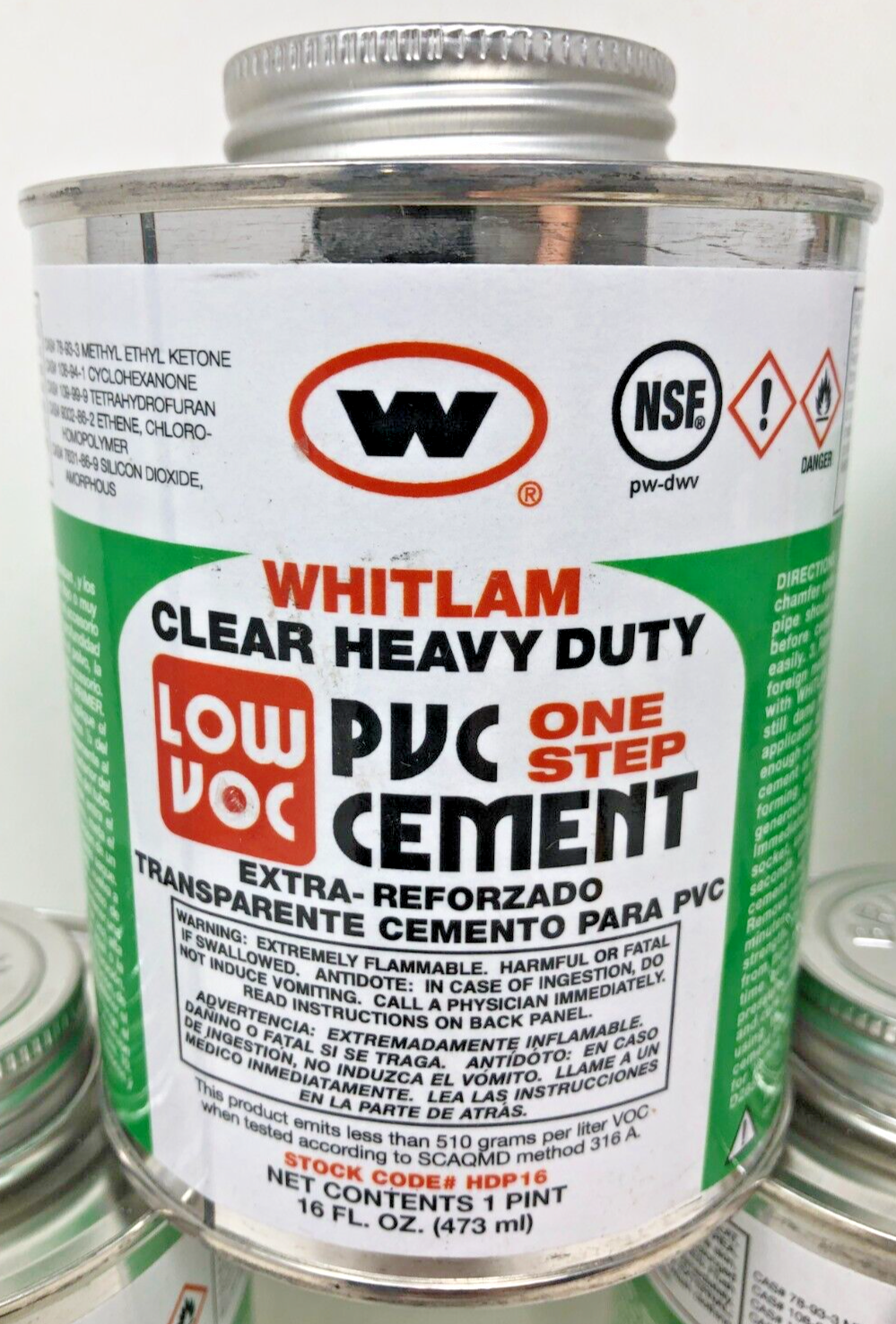 Lot of 5 - Whitlam Low VOC Clear Heavy Duty One Step PVC Cement 16 oz.