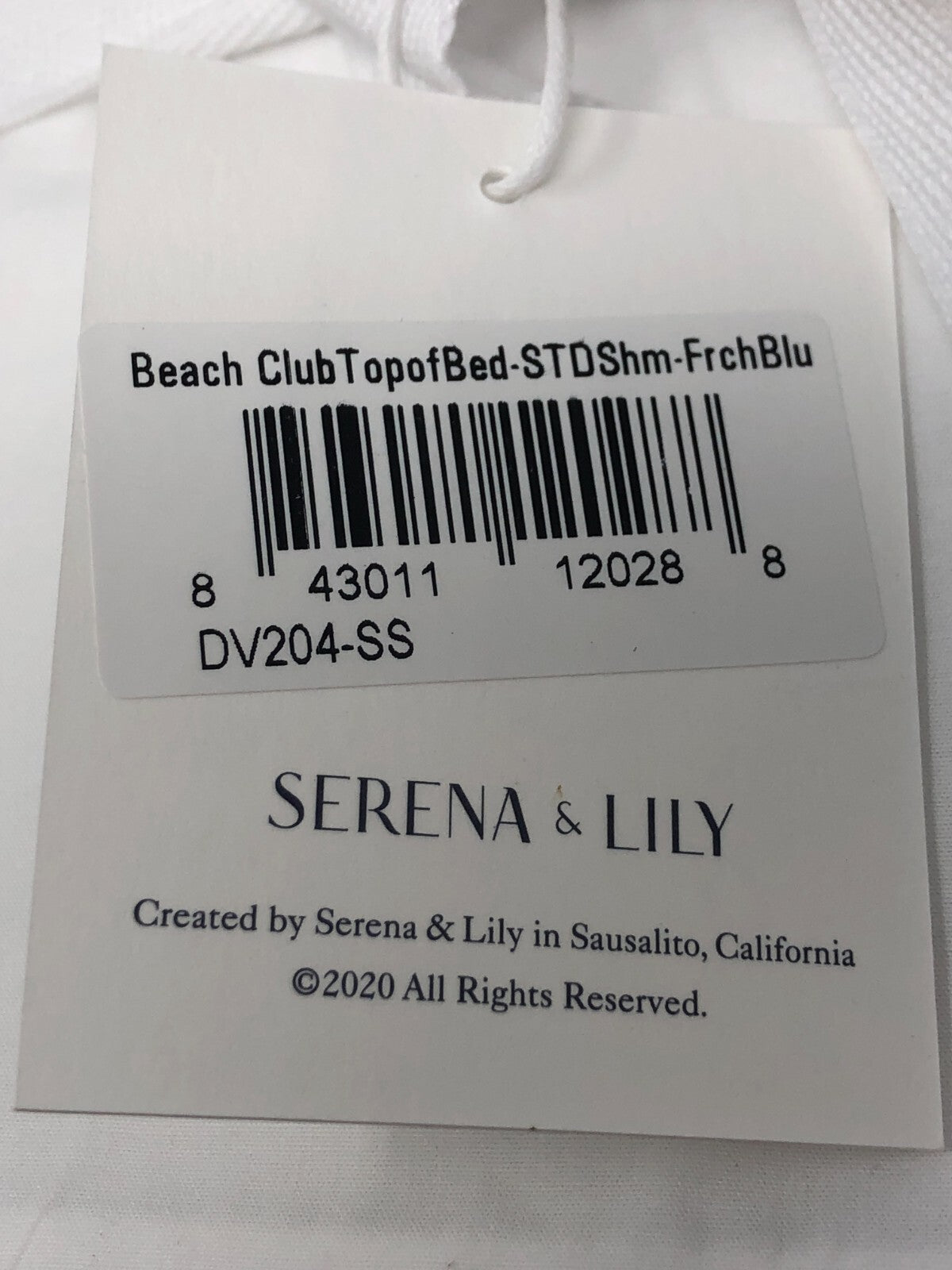 Serena & Lily Beach Club Sham ~ Top-of-Bed Percale, Standard Size, White/Blue