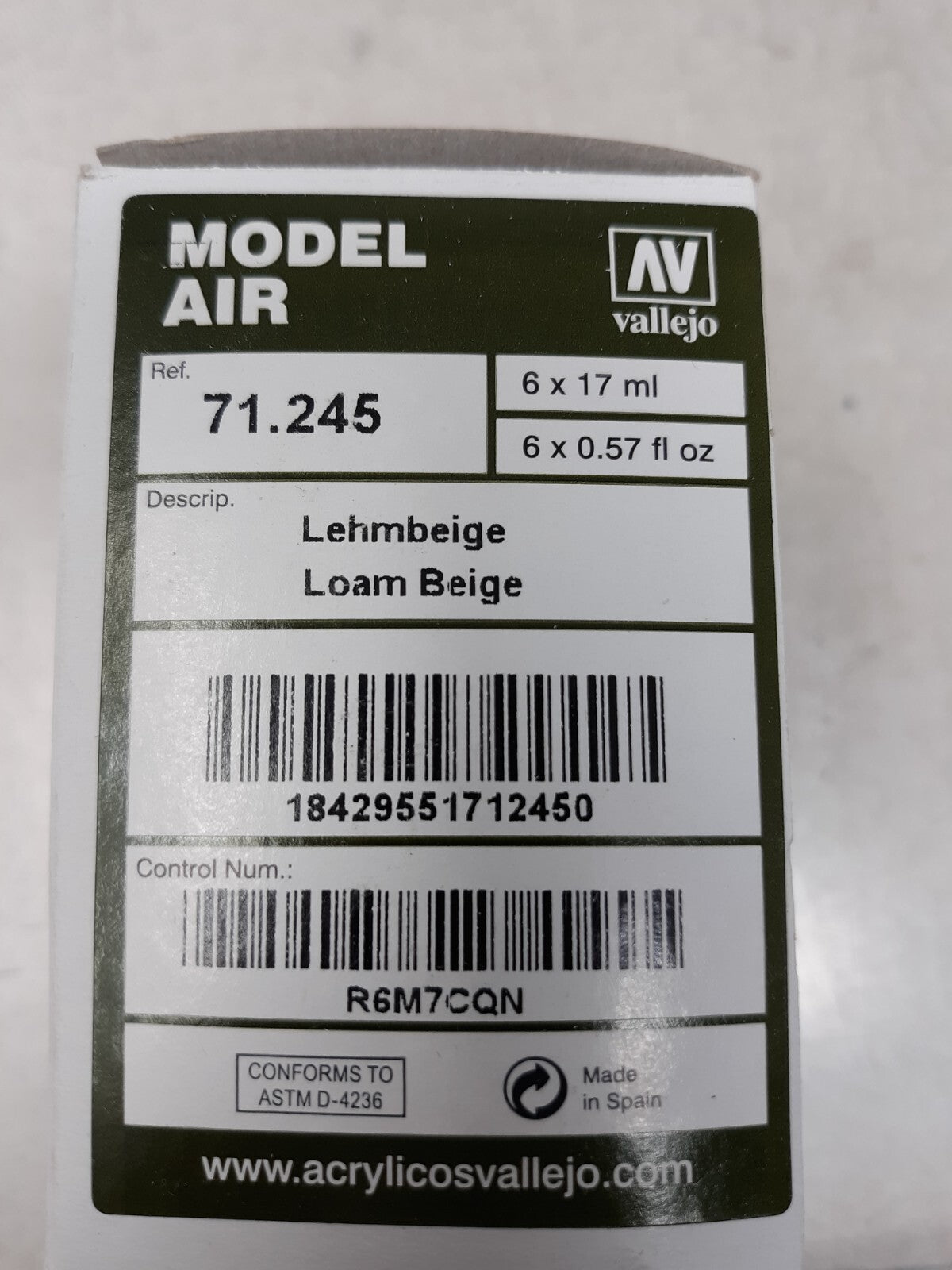 Vallejo Loam Beige 17ml Paint Model Air 71.245, .57 fl oz.  RAL1040. Lot of 6