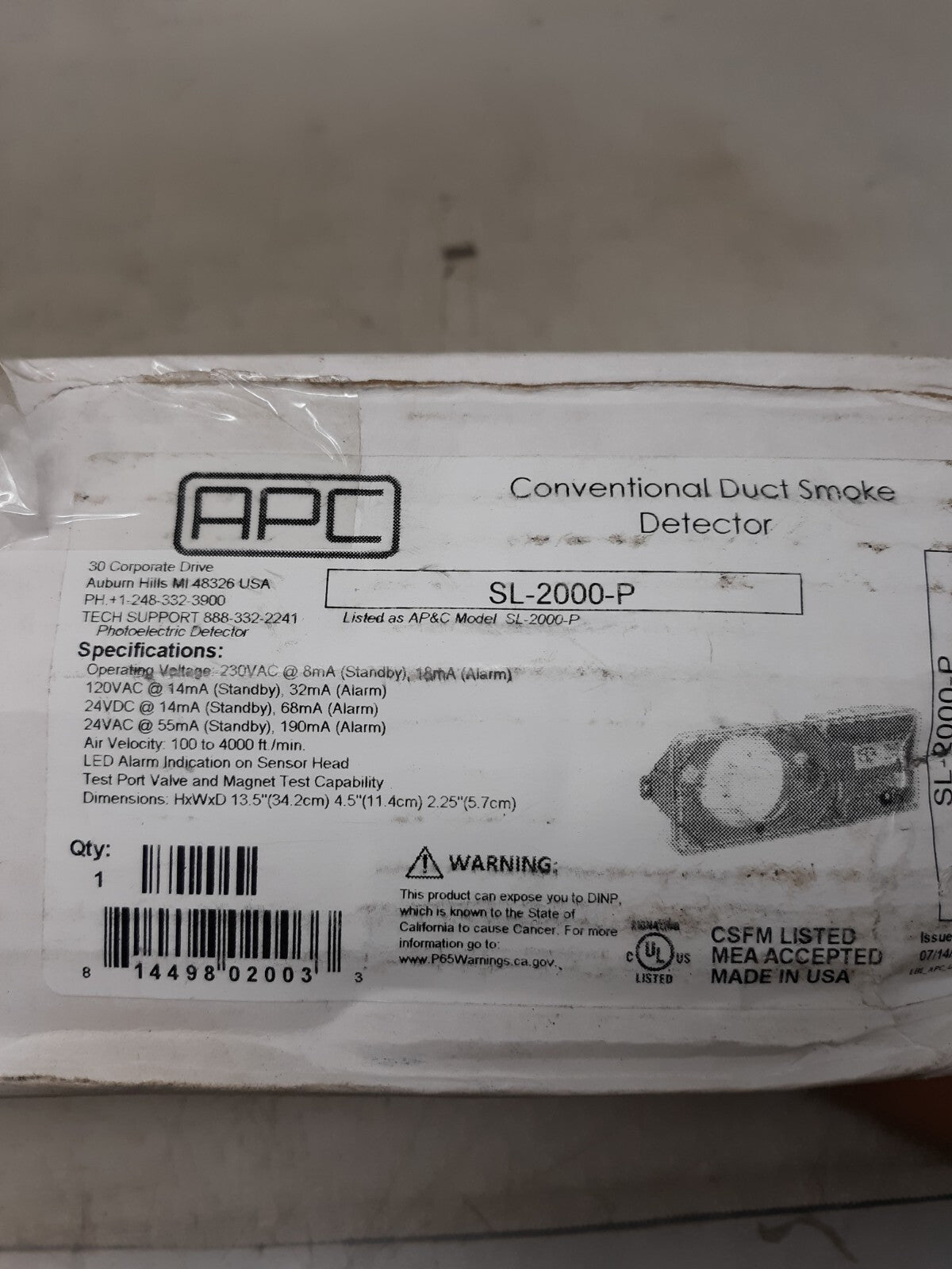 APC SL-2000-P Photoelectric Duct Smoke Detector