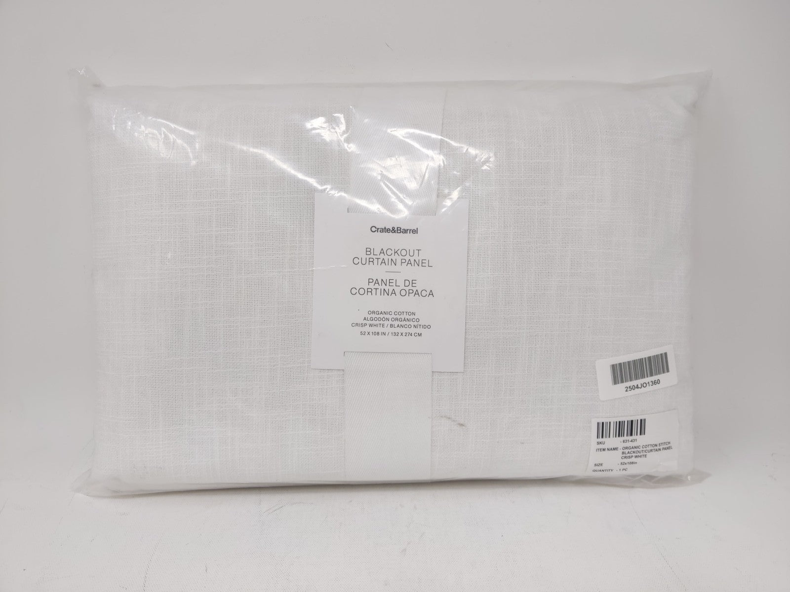 Crate&Barrel Blackout Curtain Panel White Merrow Stitch Organic Cotton 52"x108"