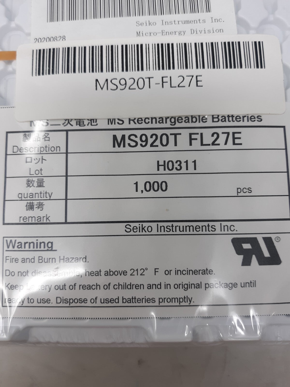 1000 pcs Seiko Instruments BATT LITH 3V 6.5MAH COIN 9.5MM MS920T-FL27E