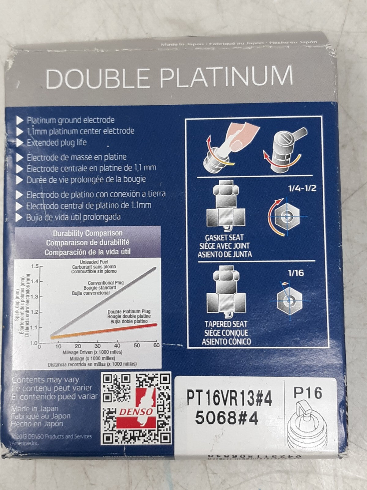 Denso PT16VR13#4 Double Platinum Spark Plugs 5068#4 4-Pack Made in Japan