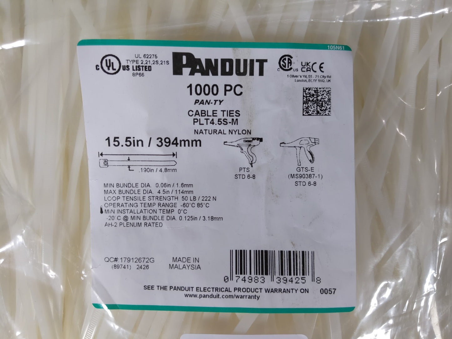 Panduit White Zip-Ties 1000 15" Natural Dome-Top Metal Barb Type Cable Ties