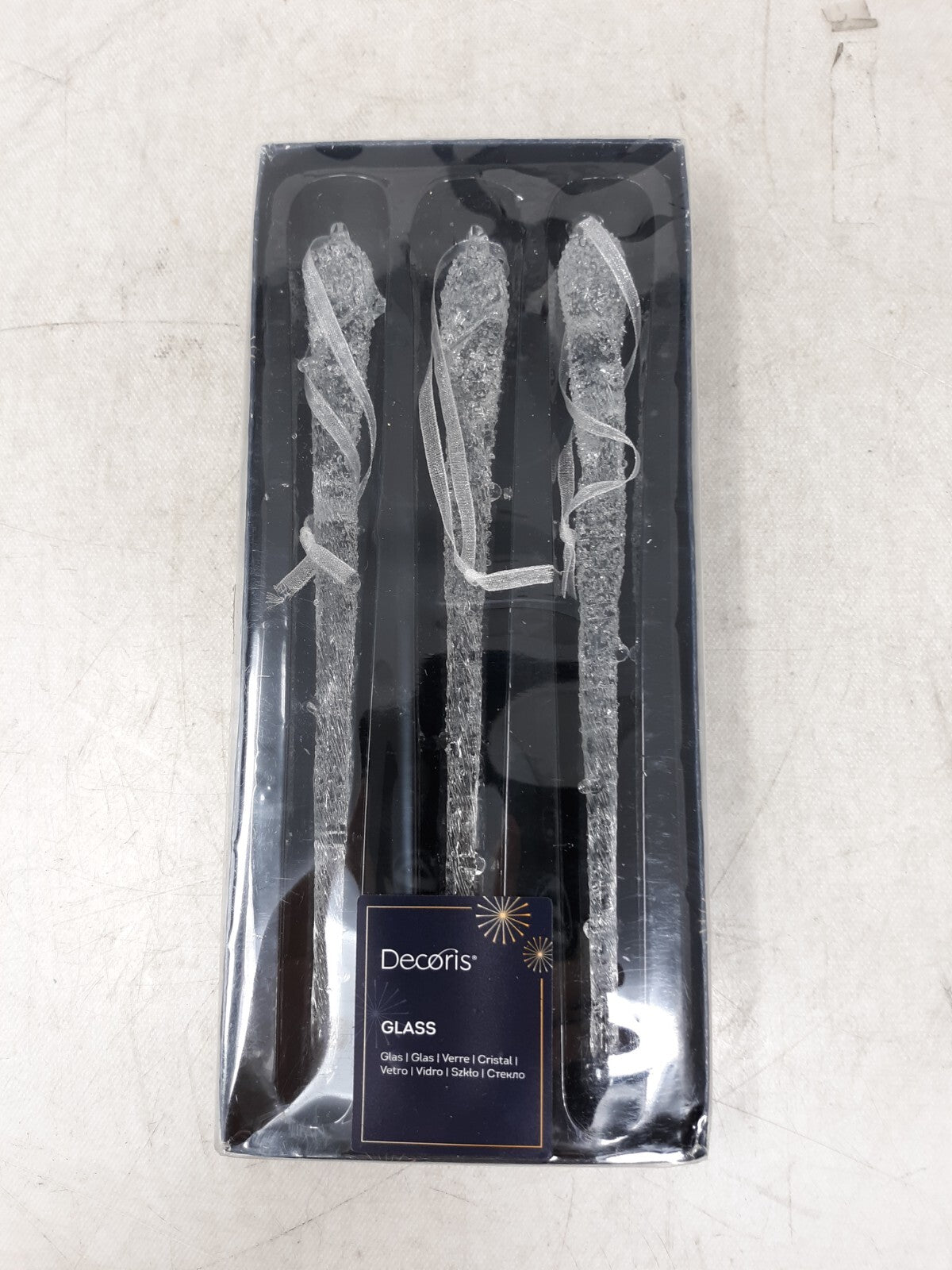 Christmas Ornaments Set/3 Glass Icicle Clear w/Silver Glitter Inside 8 inch