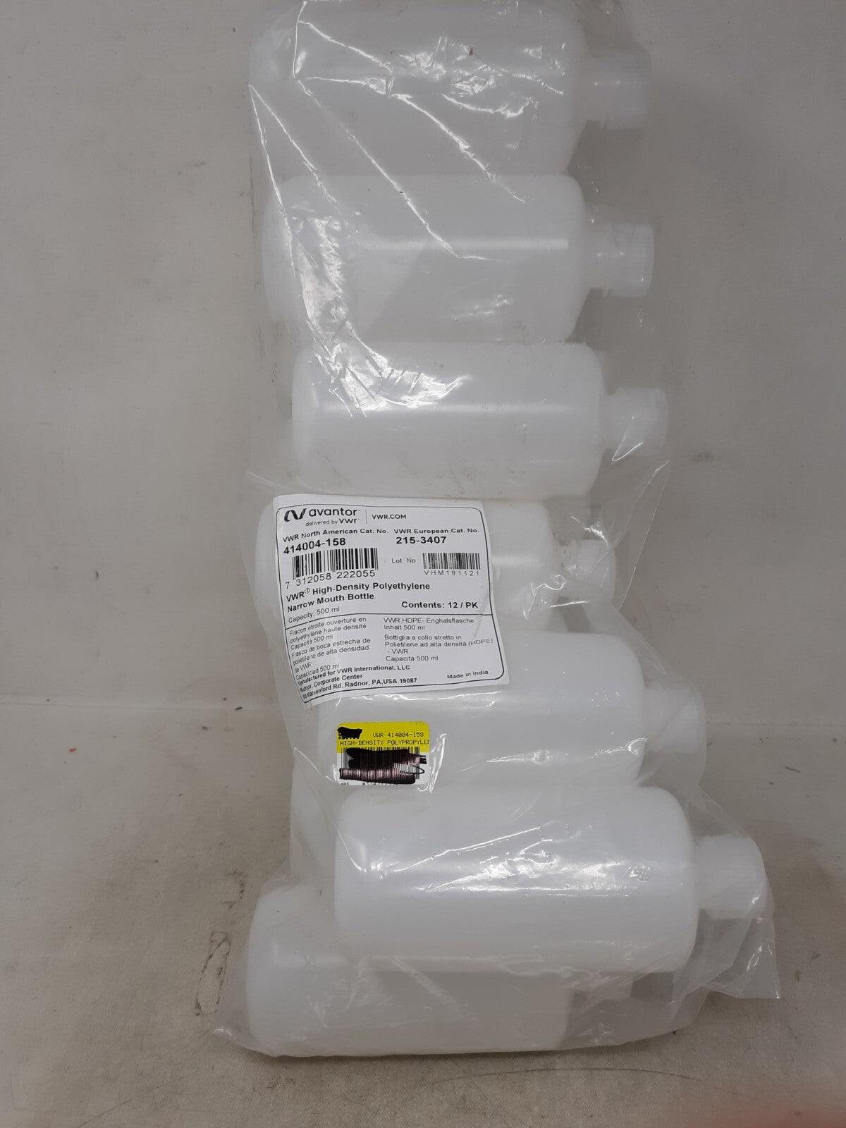 Pack of 12 VWR High-Density Polyethylene Narrow Mouth Bottle 500ml 414004-158